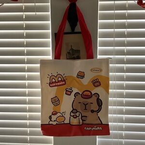 Capybara Themed Tote Bag with Red Handles cotton.lienen shoulder bag